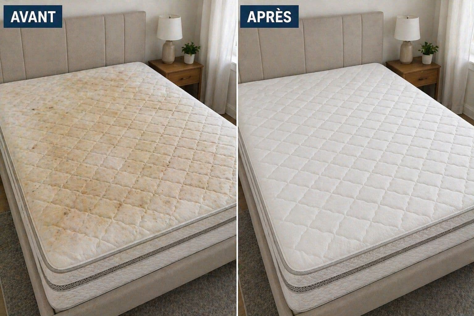 Nettoyage matelas avant après à Tanger – NordClean, désinfection anti-acariens - Avant / Après